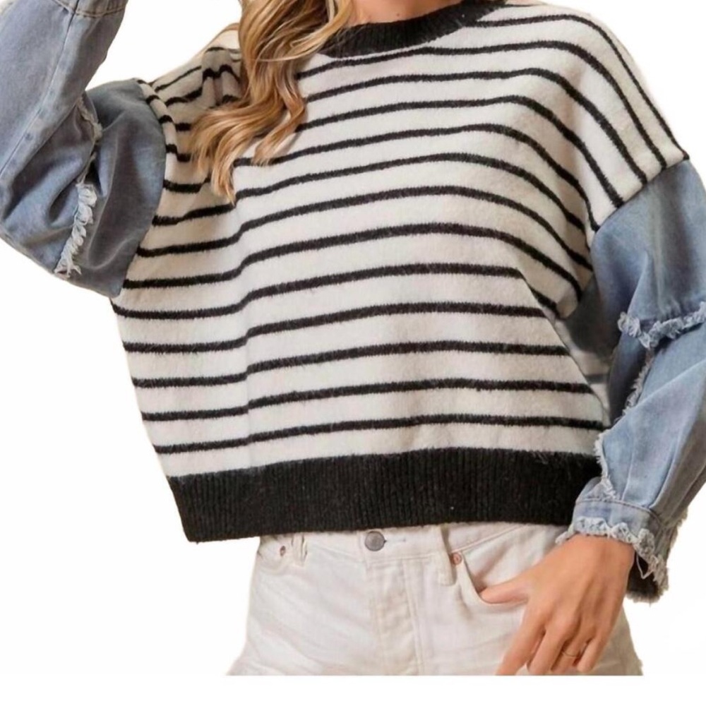 Striped Sweater with Denim Sleeves